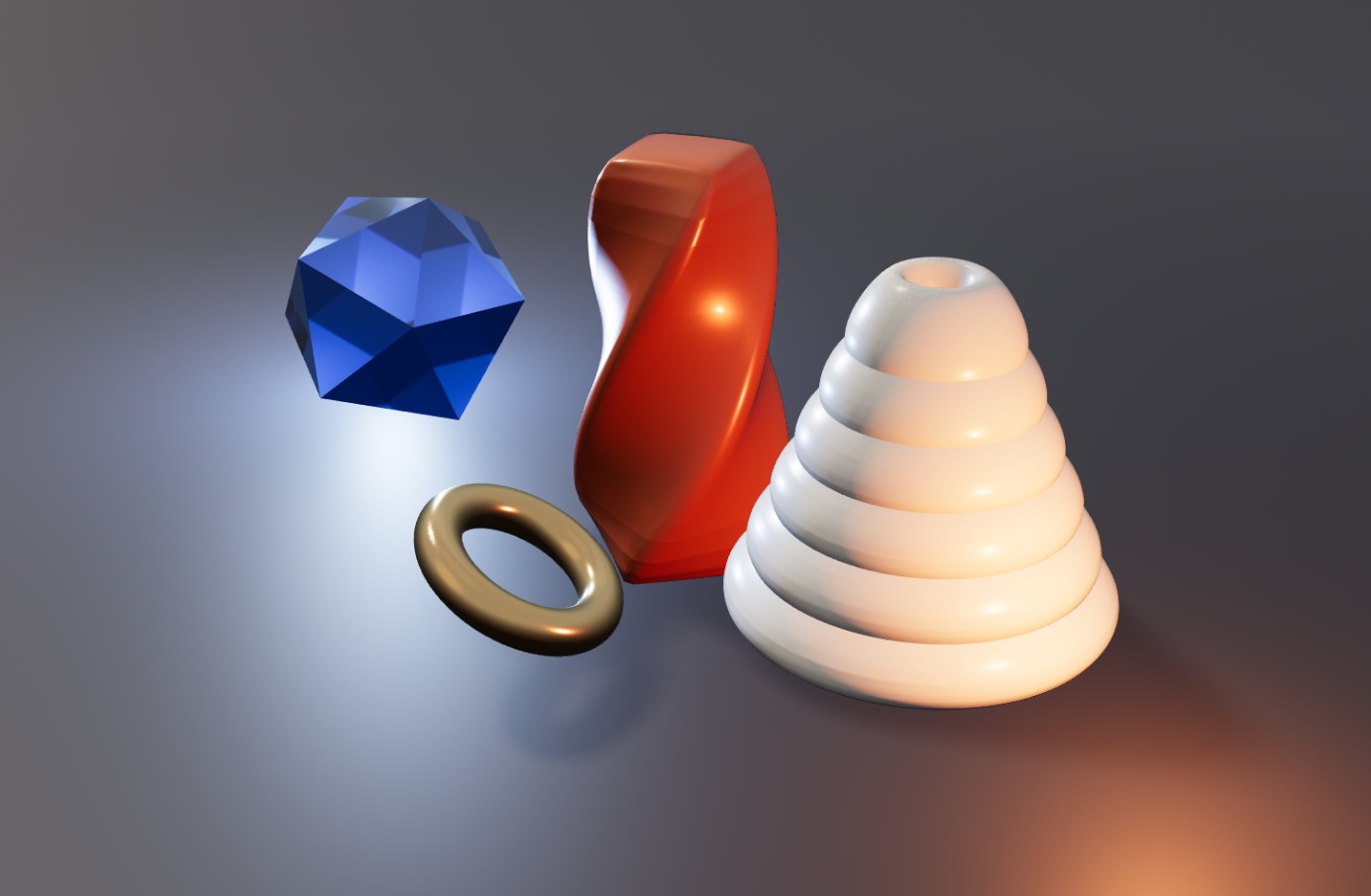 A Neonfish scene: a glass crystal, a twisted column and a soft-serve stack on a studio floor